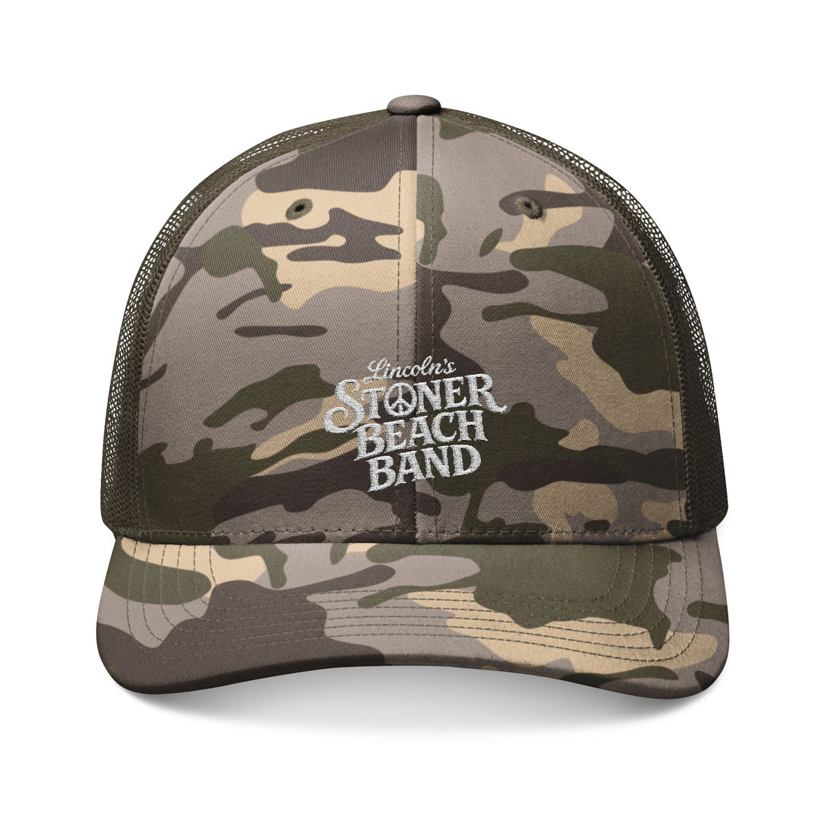 Camo Trucker Hat — Embroidered ‘Stoner Beach Band’ Logo