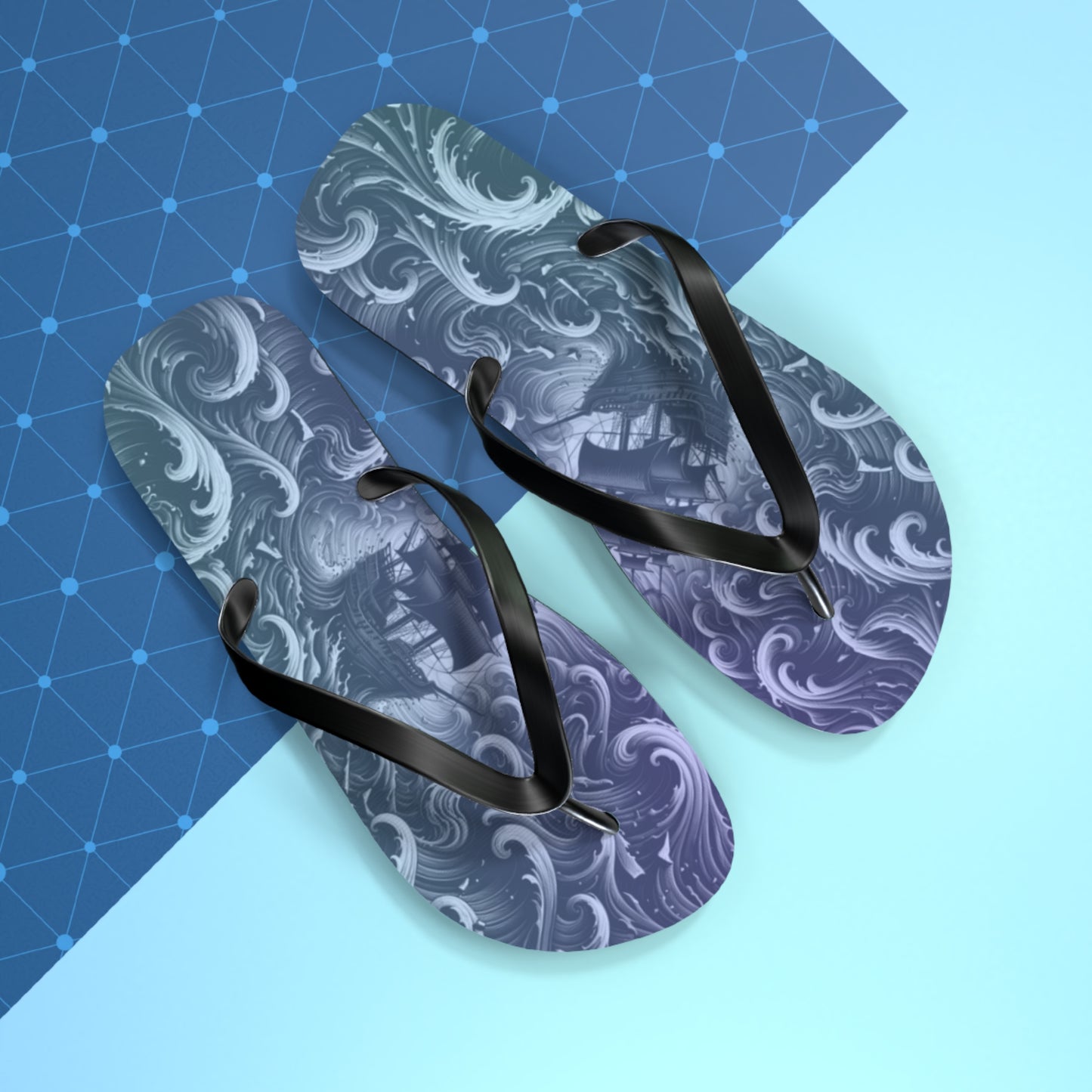 Ocean Waves Flip Flops — Blue Nautical Surf Pattern Sandals