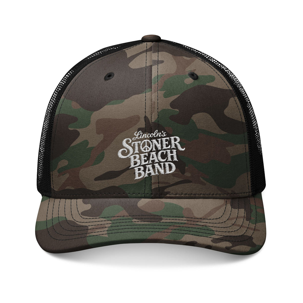 Camo Trucker Hat — Embroidered ‘Stoner Beach Band’ Logo