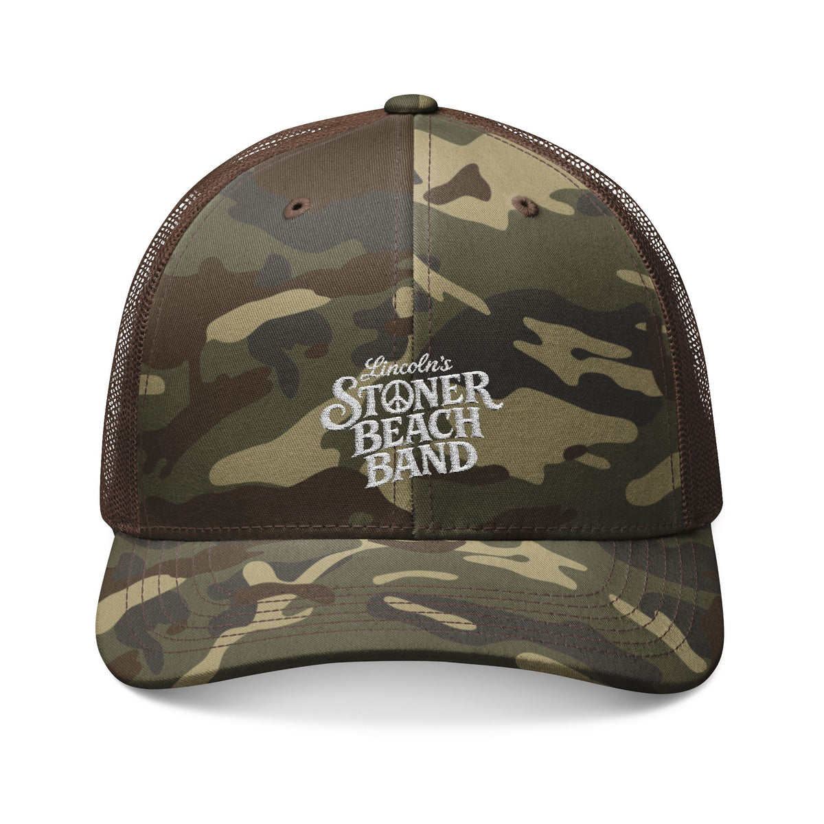 Camo Trucker Hat — Embroidered ‘Stoner Beach Band’ Logo