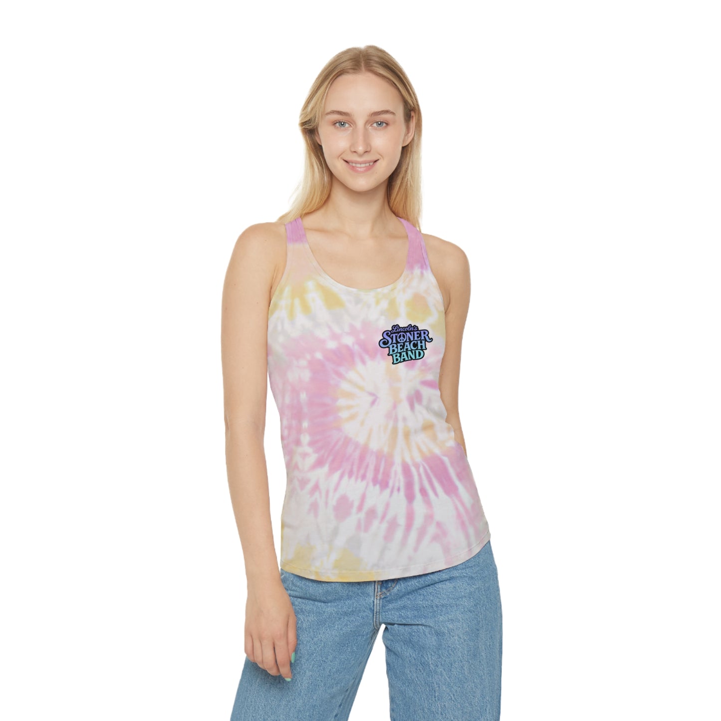 Tie-Dye Racerback Tank Top 'Stoner Beach Band' Light Blue Spiral Festival Tank
